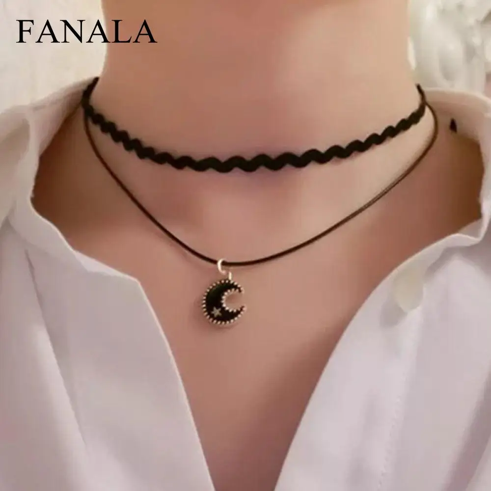 Звезда волна Для женщин кулон Jewelry Чокеры черный панк цепи кожа Lucky Moon Новый