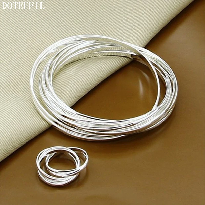 

Hot 925 Sterling Silver Bracelet Ring Woman Fashion Simple Bracelet Ring Jewelry Sets Free Shipping