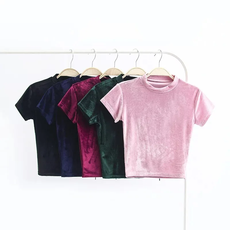 

2018 summer crop top t shirt women fashion sexy velvet top short sleeve zipper t-shirt poleras de mujer tees tops