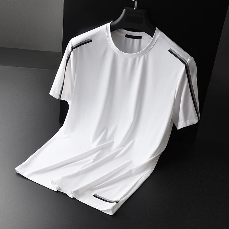

Minglu Stripe Printed Men T-shirt Luxury Smooth Milk Fabric White Black Mens T-shirts Plus Size 4xl Round Collar Slim Man Tee