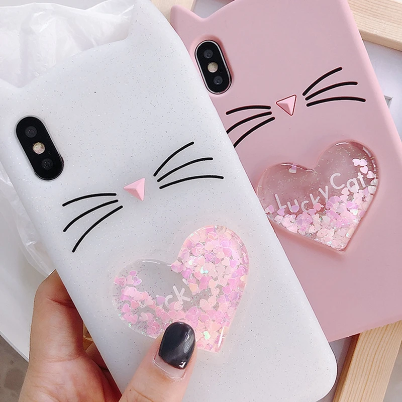 Tfshining Cute Liquid heart quicksand Phone Cases Cover For Iphone 7 8 6 6s Plus X 3D Cartoon Beard Lucky Cat Silicone Coque New (3)