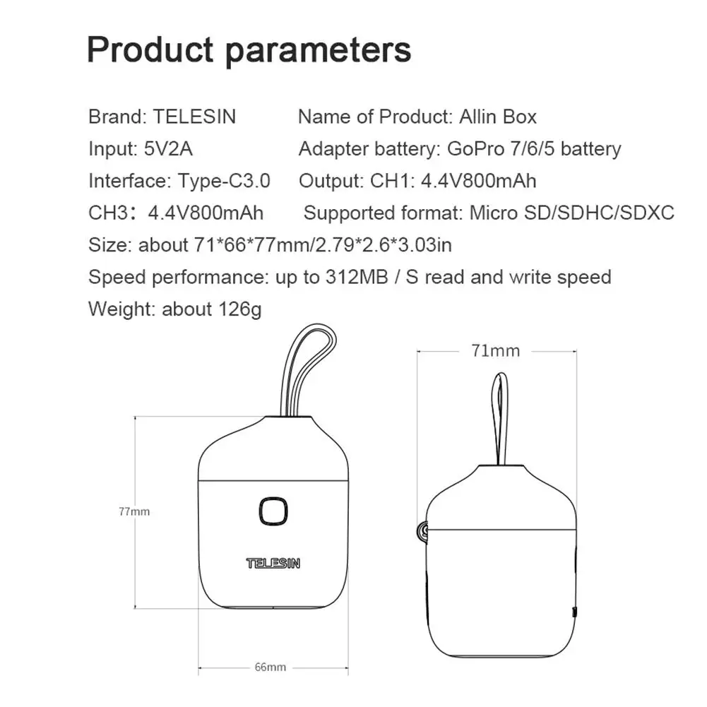 TELESIN Allin 3-way gopro зарядное устройство батареи, go pro литий-ионный аккумулятор коробка для хранения, TF кард-ридер для gopro hero 7 6 5 черный