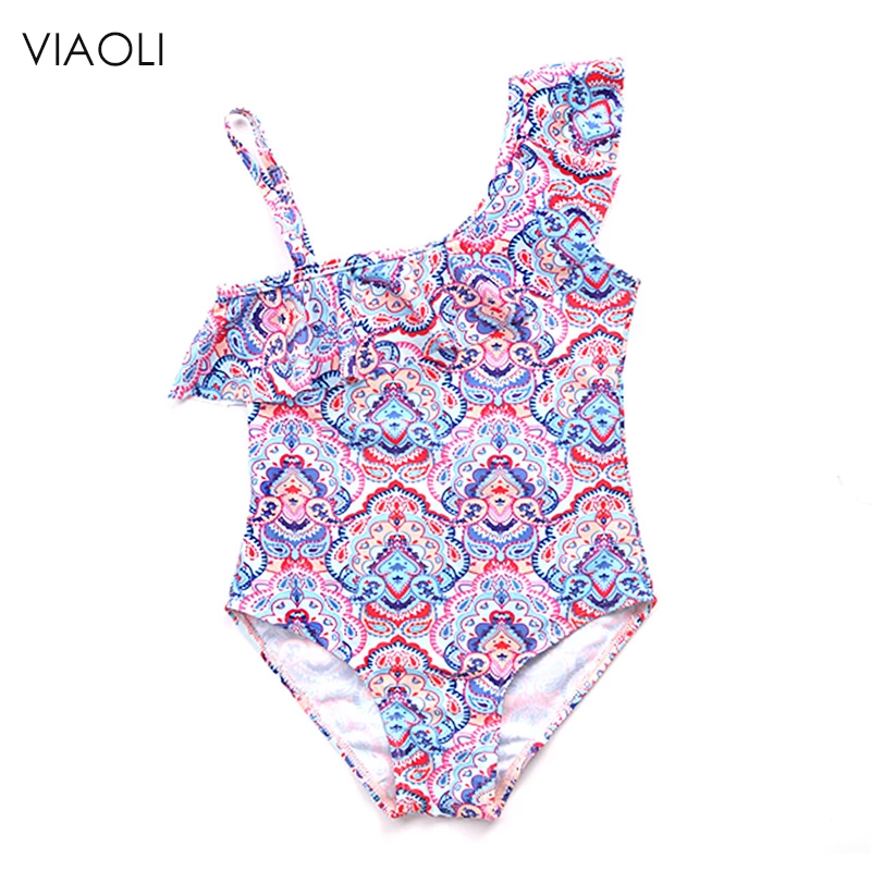 

VIAOLI 2018 New Swimsuit Children's Cute Print Swimwear One Piece Kid Summer One Shoulder Swimsuit Girls Sport Bathing Suit
