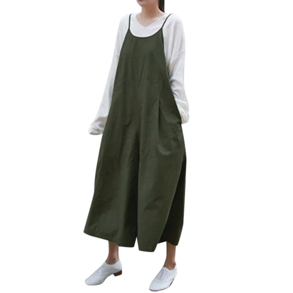 

NEW Women Summer Solid Strap Pockets Casual Loose Long Wide Leg Overalls Women Jumpsuit strapless Solid Party beach Jumpsuit