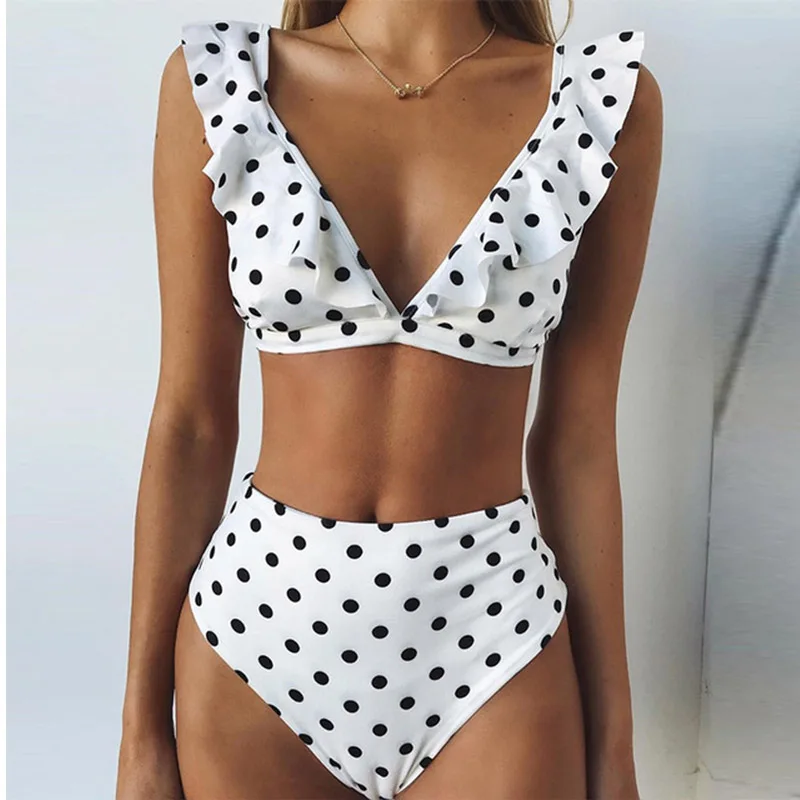 Billige NAKIAEOI 2019 Sexy Hohe Taille Bikini Frauen Bademode Push Up Badeanzug Rüsche Badeanzug Polka Dot Biquinis Sommer Strand Tragen
