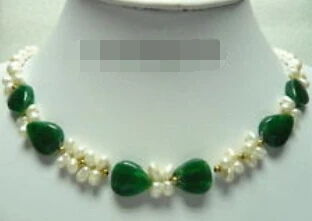 

huij 003963 White Pearl Emerald Green Jade Heart Pendant 18KGP Clasp Necklace