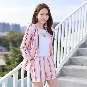 

IZICFLY Summer Striped Women Business Short Suits Elegant Business Bleizer De Mujer Office Wear 2 Piece Short Set Streetwear 4XL