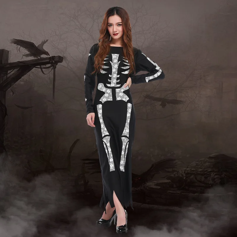 Halloween skull skeleton scary costumes for men women children black and white ghost suits options bodysuit dress S479 - Цвет: Women long dress