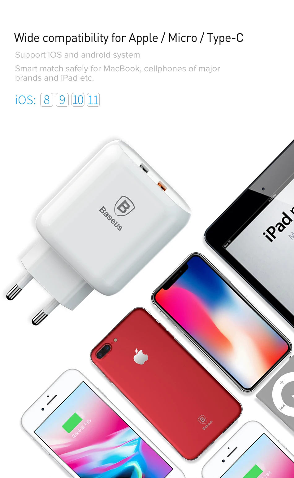 Baseus Quick Charge QC 3,0 Dual USB зарядное устройство для телефона для iPhone X 8 универсальное дорожное настенное USB зарядное устройство для samsung S9 Xiaomi EU Plug