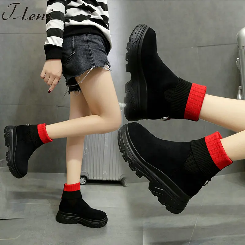 

Tleni Elastic Farbic Thick Bottom Sock Boots Women Short Boots Round Toe Flats Boot Autumn Spring Women sneaker Shoes ZK-26