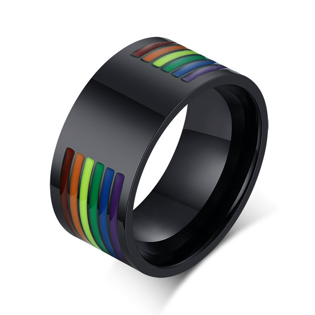 2022 New 10mm Stainless Steel Enamel Rainbow Lines LGBT Pride Rings for Man Woman Lesbian & Gay Wedding Bands Jewelry