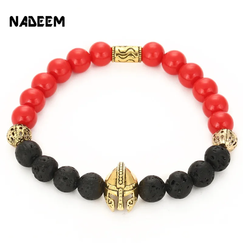 

NADEEM Vintage Women Lava Stone Bead Elastic Bracelet Jewelry Gold Color Men's Roman Spartan Warrior Helmet Charm Yoga Bracelet