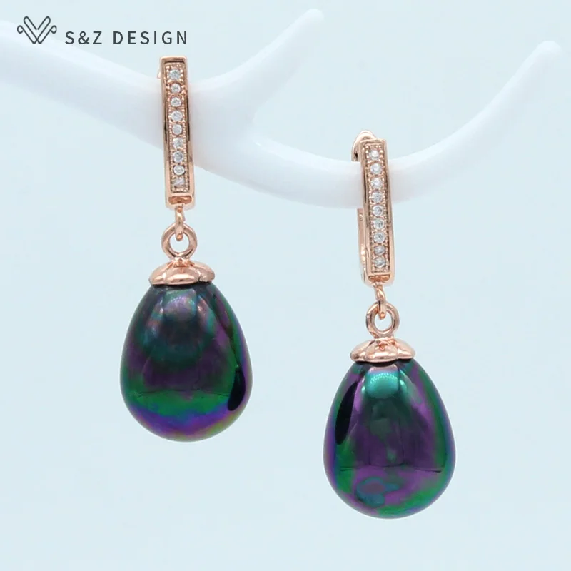 S&Z DESIGN New Imitation Pearls Water Drop Earrings For Women Wedding Party Fashion Cubic Zirconia 585 Rose Gold Color Jewelry