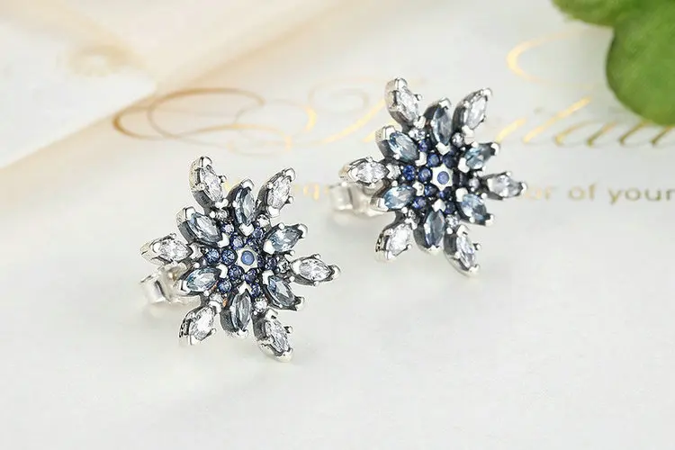 Bijoux 925 пробы серебряные кристаллизованные снежинки, синие кристаллы прозрачные CZ серьги-гвоздики для женщин серьги серебряные украшения brincos
