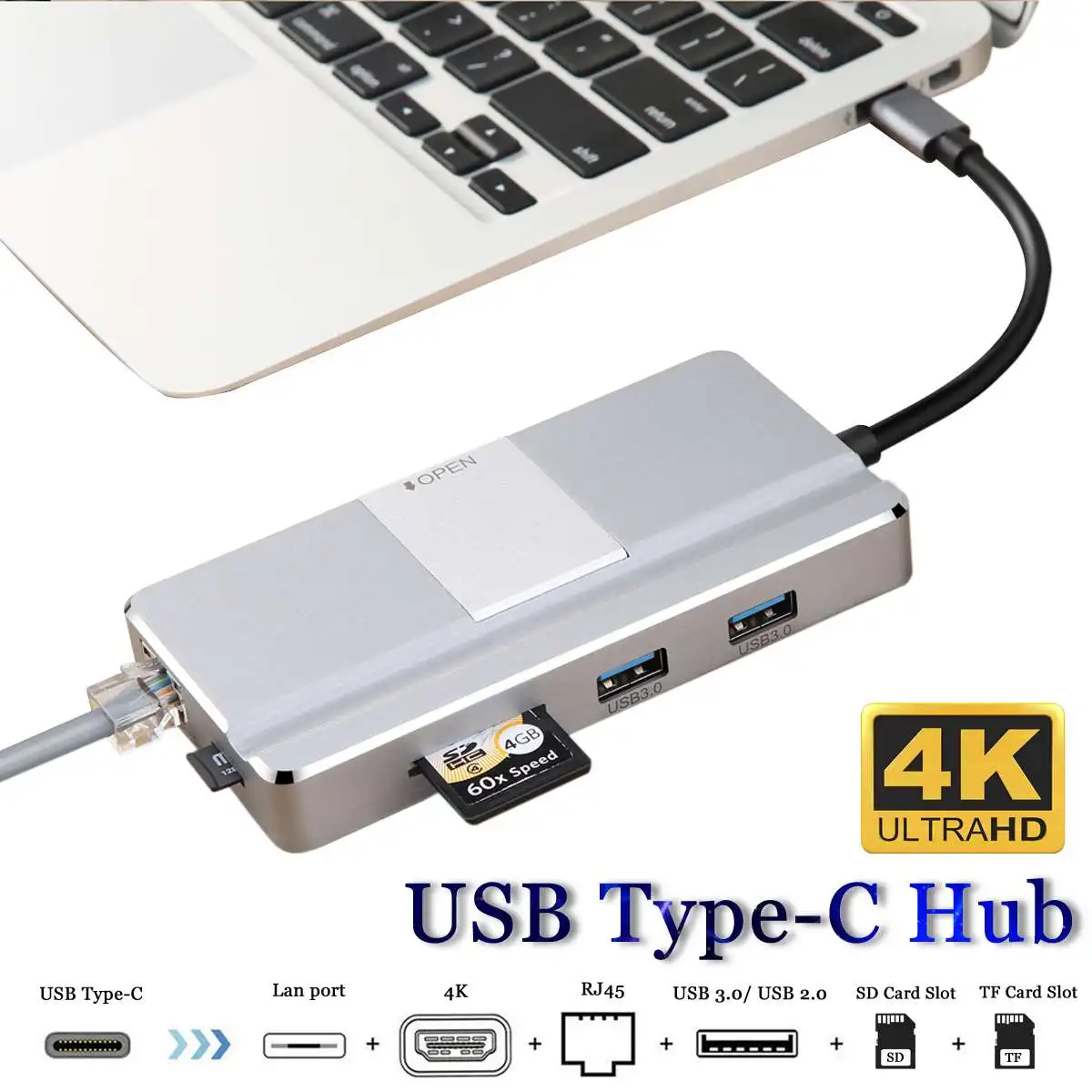 8-в-1 Тип с разъемами типа C и USB 3,0 PD 3,0 заряжать 4 K Алюминий сплав видео Дисплей Gigabit RJ45 SD TF Hub с телефоном Поддержка