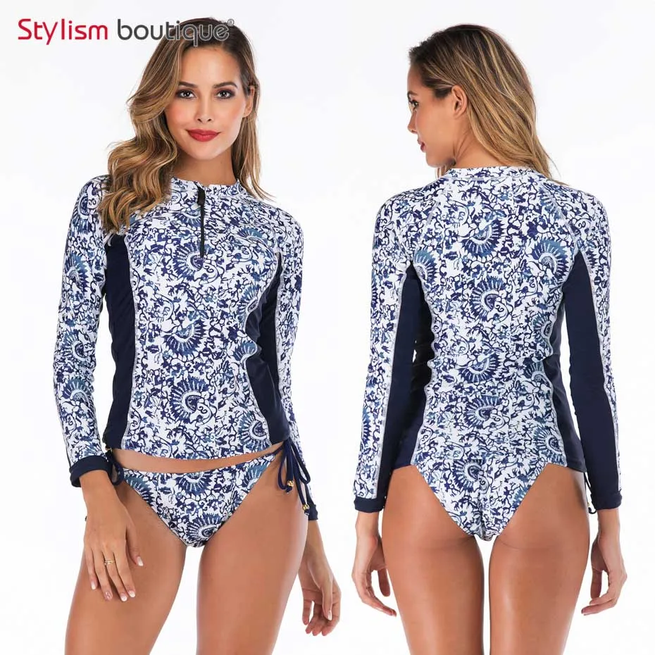 New Rashguard Padded Long Sleeve Swimsuit Surfing Rash Guard Women Two Piece Swimwear Separate Tankini Sport Bathing Suit - Цвет: 6607