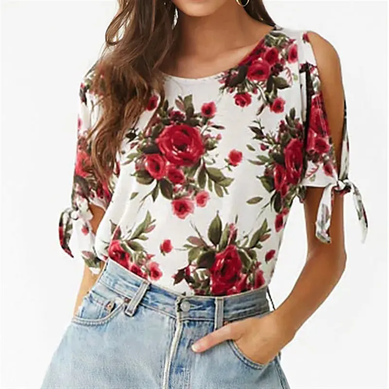 Летняя Повседневная Женская футболка, Сексуальная футболка с открытыми плечами и цветочным принтом, туника с элегантными короткими рукавами, топы с бантом, футболки - Цвет: Rose