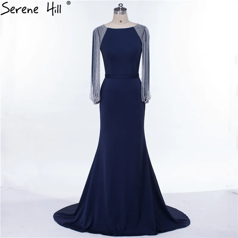 Long Sleeves  Black Beading Chain Elegant Mermaid Prom Dresses Crystal Beading Satin Dresses For Prom 2020 SERENE HILL LA6219