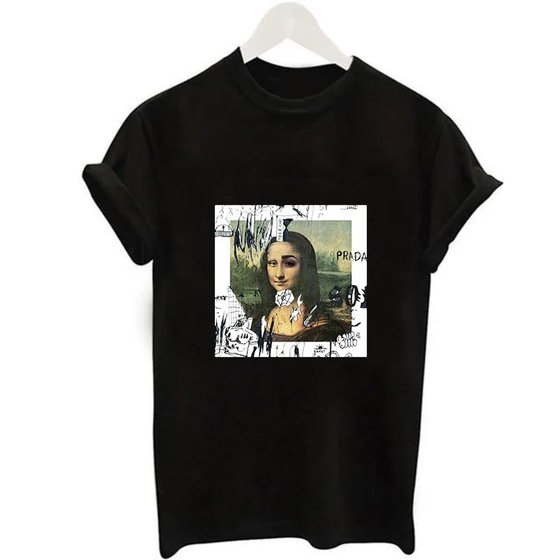 

Vogue Mona lisa printing cartoon Novelty T-shirt Funny camisetas harajuku t shirt mujer new Women black Short Sleeve Clothing