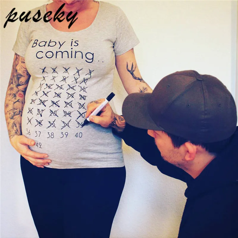 Best Price  Puseky Baby Is Coming Print Women Maternity Clothing Pregnant Short T shirt Funny Top for photograp 