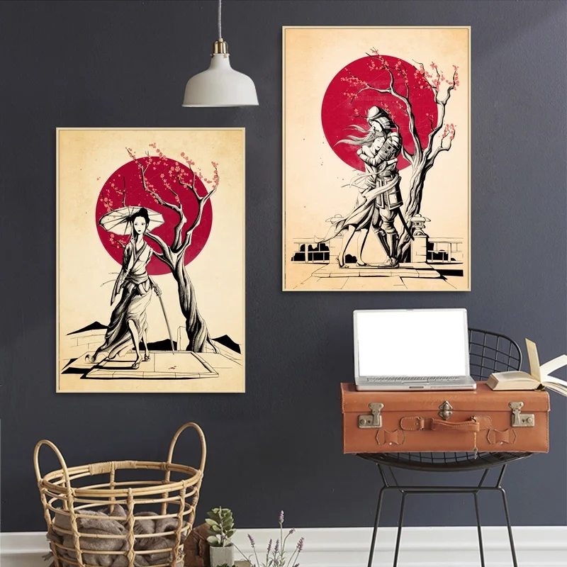 

Japanese Lovers Redhead Samurai Art Canvas Japan Style Poster Wall Pictures for Living Room No Frame