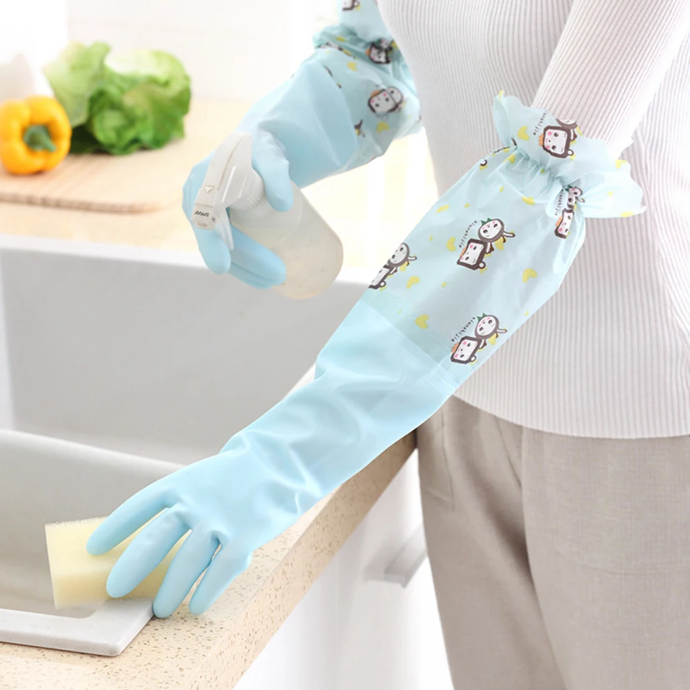 1 Pair Kitchen Elastic Band Long Sleeves Cleaning Gloves with Velvet Warm Gloves Household Waterproof Dishwashing Gloves