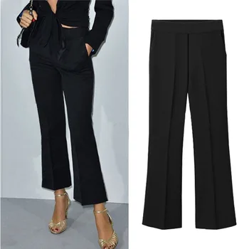 

2018 Autumn High Waisted Large Yards Solid Color Nine Points Pants All Matched Flare Pants Temperament Women's Clothing Pants