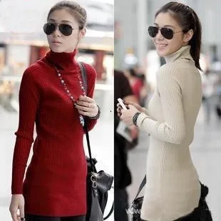

2016 Taobao Womens Sweaters Turtleneck Shirt special offer promotions all-match stretch slim raglan sleeve in a long knit shirt