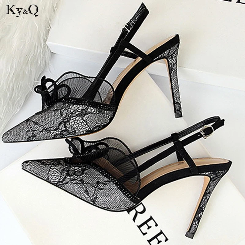 

Summer New 2019 European And American Ladies Fashion Sexy Hollow Lace Slim And Comfortable Banquet Wild High Heel Sandals 8-10cm