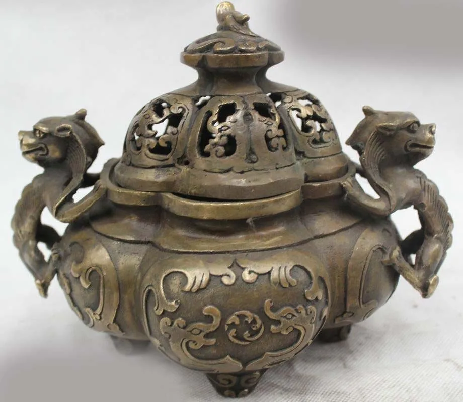 

7"China Chinese Dynasty Folk Bronze Two Lion beast incense burner Censer Statue