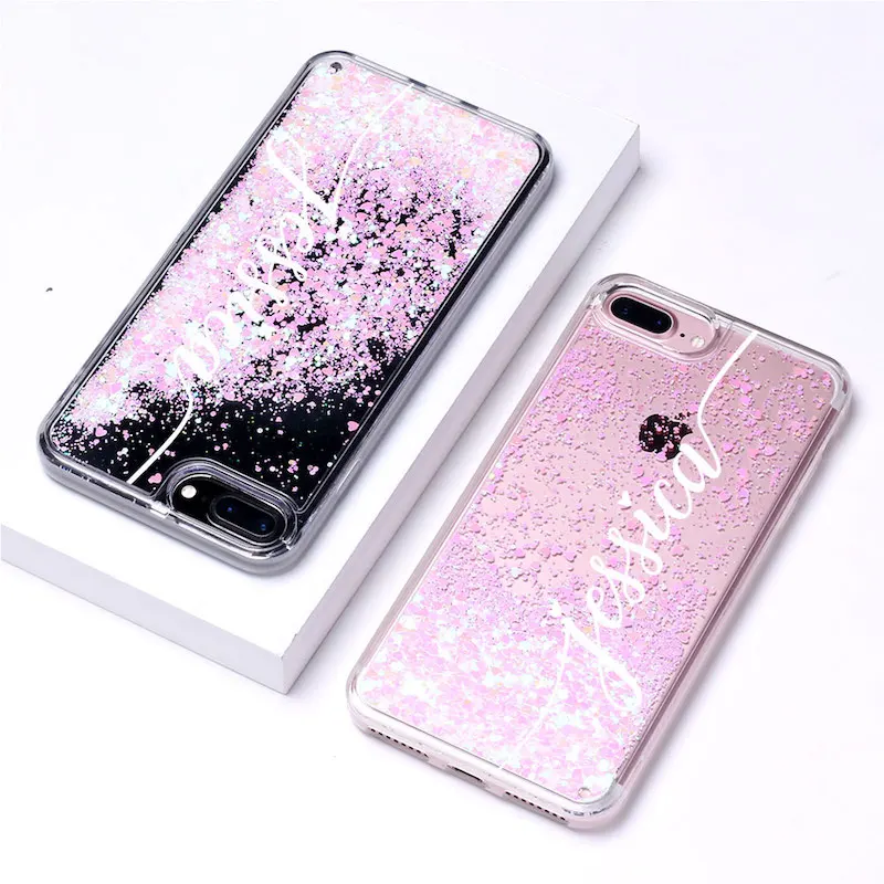 Индивидуальный жидкий Блестящий Серебряный Мягкий бампер чехол для телефона iPhone 11 Pro 6S XS XR Max 7 7Plus 8 8Plus X - Цвет: Font 3-Pink Glitter