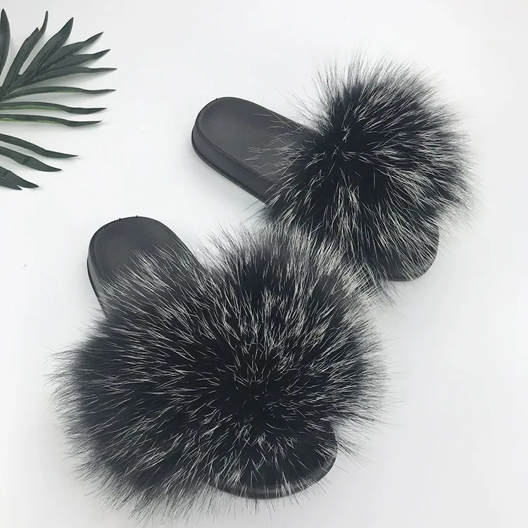 

28 colors Real Fur Slippers Women Fox Fluffy Sliders Comfort With Feathers Furry Summer Flats Sweet Ladies Shoes Plus Size 36-45