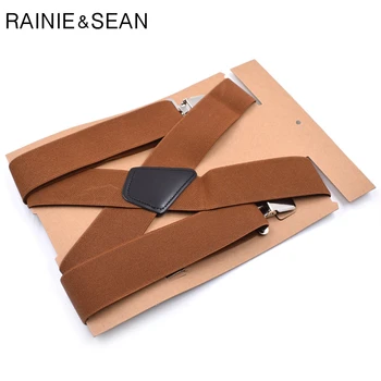 

Rainie Sean Wide Male Suspenders 4 Clips Brown Mens Suspenders Braces Business Real Leather Shirt Suspenders Belt 120Cm