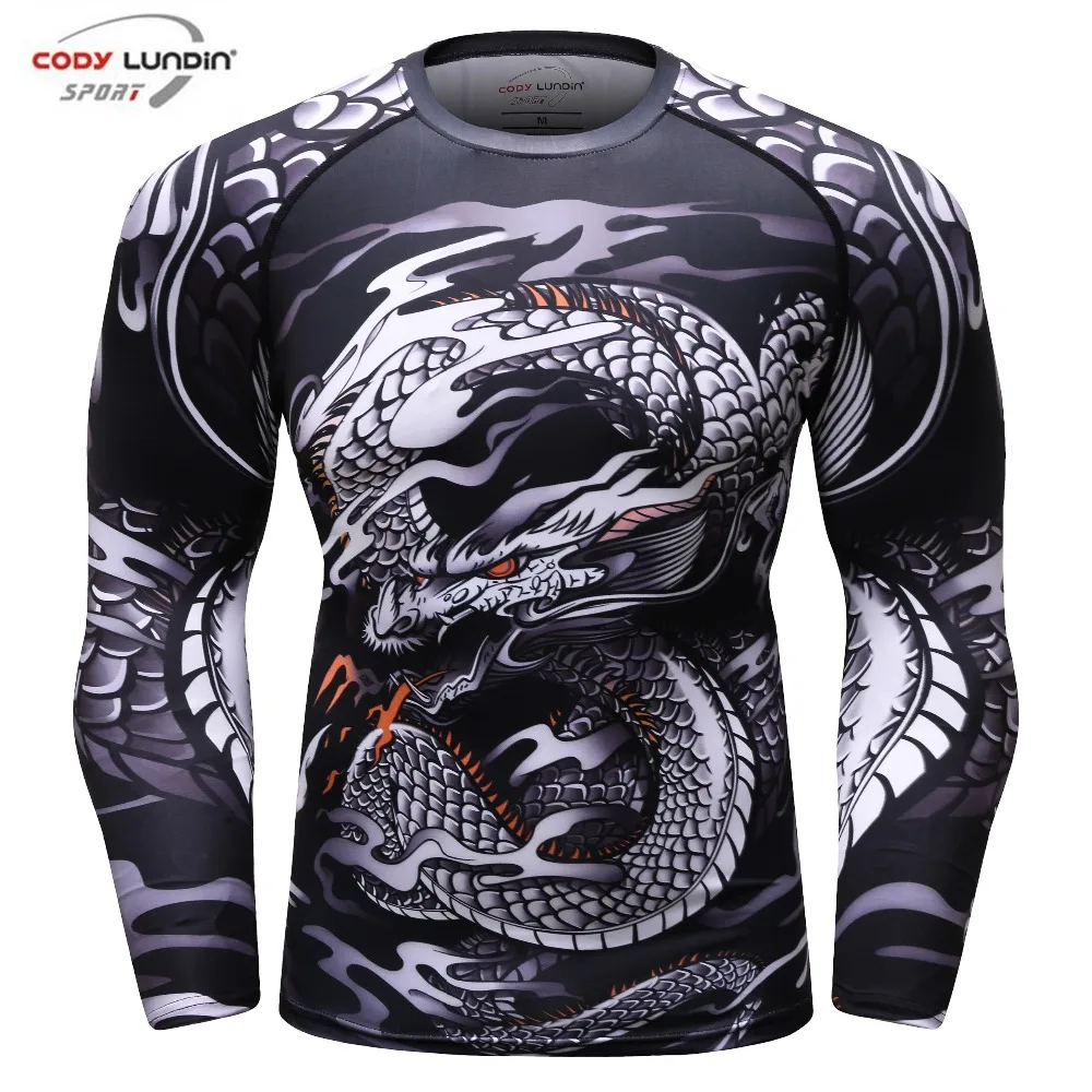New Men's Compression T Shirt Men's Fashion Dragon Print Long Sleeve