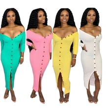 Adogirl Buttons Up Knitted Dress Women Sexy V Neck Long Sleeve Off Shoulder Night Club Party Bodycon Midi Dress Ribbed Vestidos blue sexy off shoulder over layer ribbed midi dress