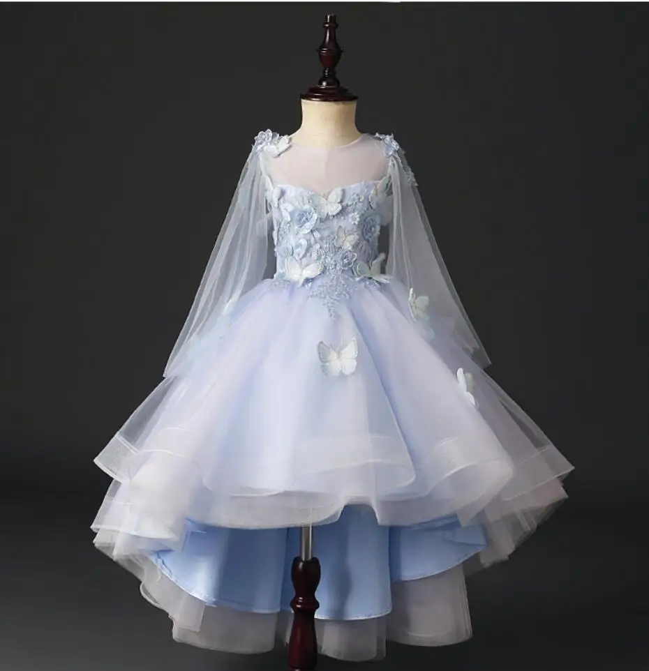 Голубой Тюль Аппликации цветок девушка свадебное платье Дети Формальное вечернее бальное платье Дети День рождения пышное платье принцессы