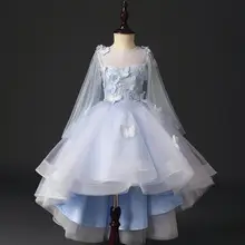 Голубой Тюль Аппликации цветок девушка свадебное платье Дети Формальное вечернее бальное платье Дети День рождения пышное платье принцессы