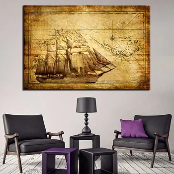 

1 Pcs HD Prints Vintage Sailboat Map Canvas Pictures Wall Art Home Decor Living Room Paintings Tableau Decoration Murale Salon