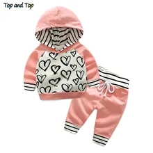 Топ и топ; модная Милая Одежда для новорожденных девочек; толстовка с капюшоном; штаны в полоску; комплект из 2 предметов; хлопковый спортивный костюм для малышей