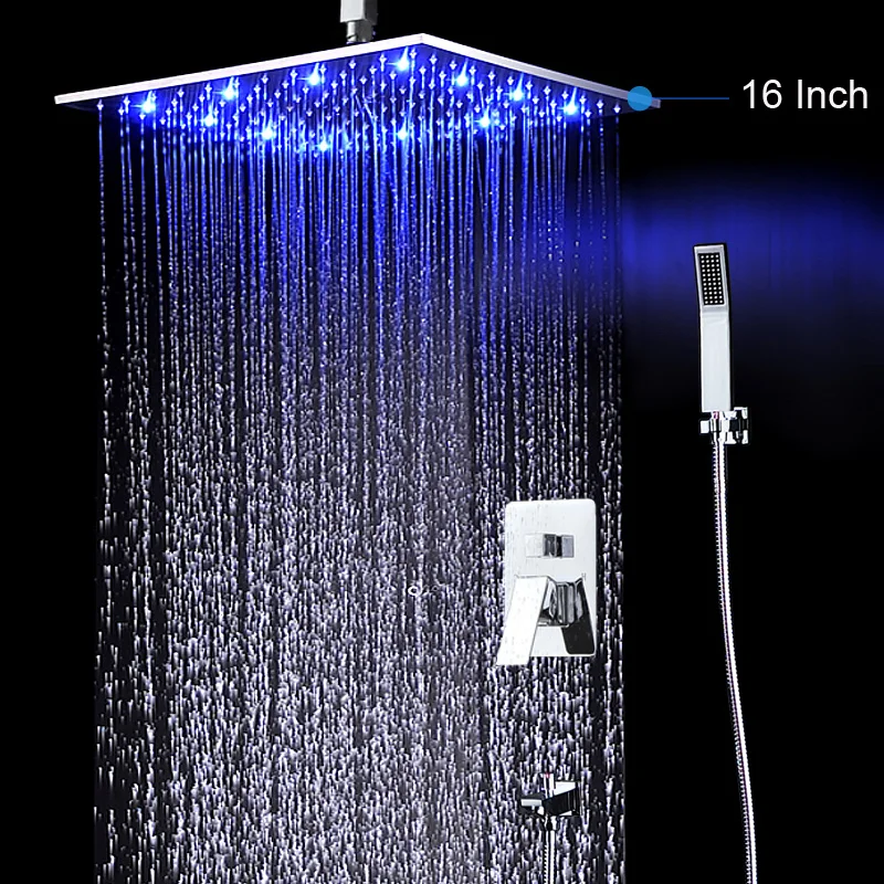 LED Big Rain Shower Set Ceiling Mounted Water Temperature Led Shower Head Brushed Finish