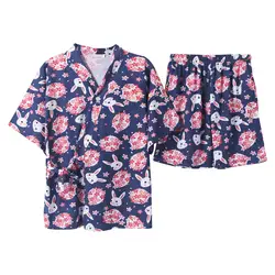 Новые японские кимоно Домашняя одежда хлопковые пижамы для девочек с милым принтом кролика пижамный комплект короткий рукав эластичный