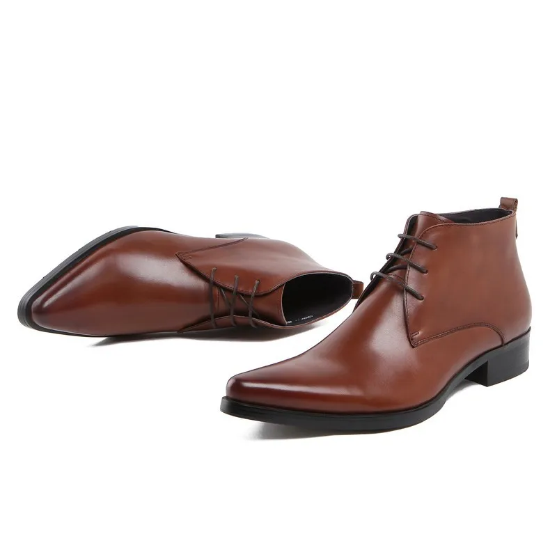 Модные острый носок загар мужские ботильоны Туфли под платье ботинки из натуральной кожи мужская обувь в деловом стиле