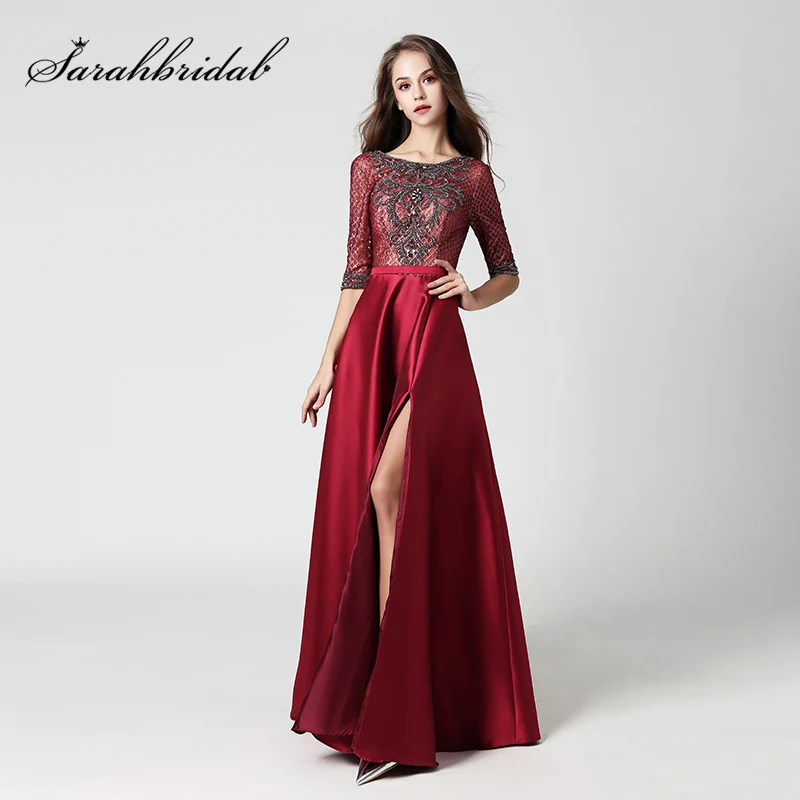 

New Gorgeous Burgundy Celebrity Dresses with Luxury Beading Evening Dress Sexy V Back Side Slit Formal Pageant Party Gowns OL448