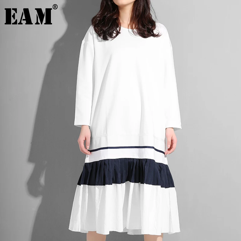 

[EAM] 2019 New Autumn Summer Round Neck Long Sleeve Hit Color Hem Pleated Split Joint Loose Dress Women Fashion Tide ASW00