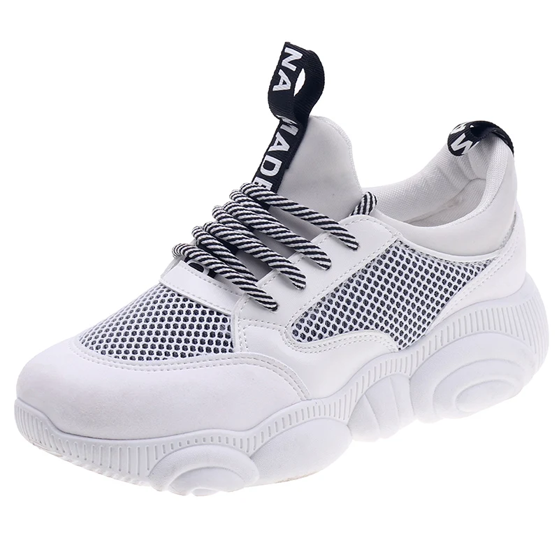 

Women Casual Shoes 2019 Fashion Mesh+Leather Women Sneakers Shoes Lace-Up Flats Platform Spring Autumn Breathable Women Shoes
