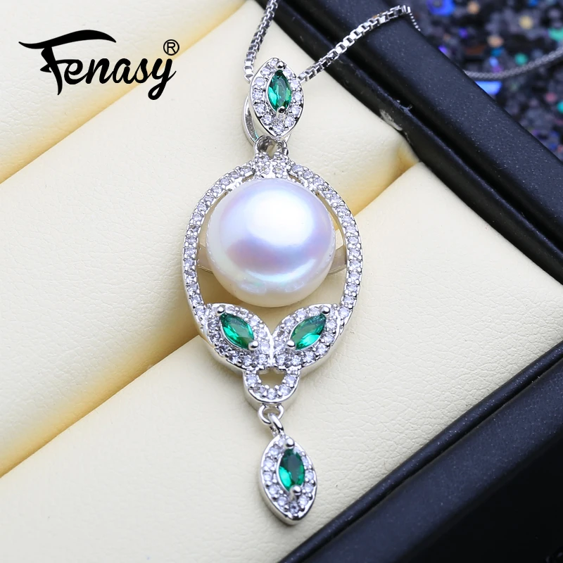 

FENASY Natural Freshwater Pearl Pendant Necklace For Women 925 Sterling Silver Vintage Green Stones Pendant With 10-11 mm Beads