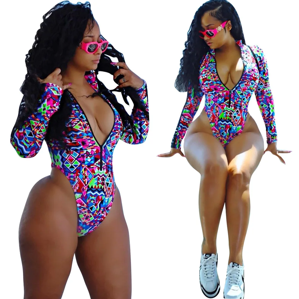 

Sexy Women Swimsuit Thong One Piece Bikini Long Sleeve Front Zipper Swimwear High Cut Printed Swim Wear Ladies Bathing Suits US