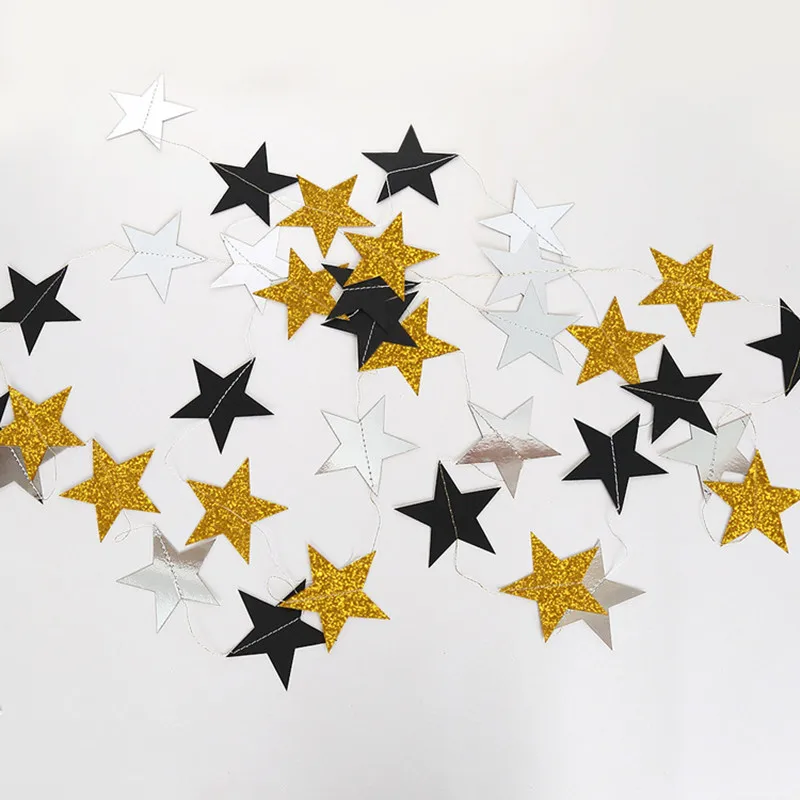 4m Gold Silver Black Paper Star Shape Garlands Banner Baby Shower First Birthday Party Decoration Kids Wedding Christmas Banner