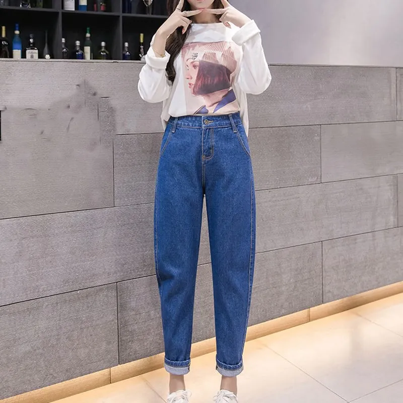 2018 Autumn Women Blue High Waist Loose Jeans Casual Mom Boyfriend Jeans Pencil Pants Black Pockets Button Denim Pants Jeans
