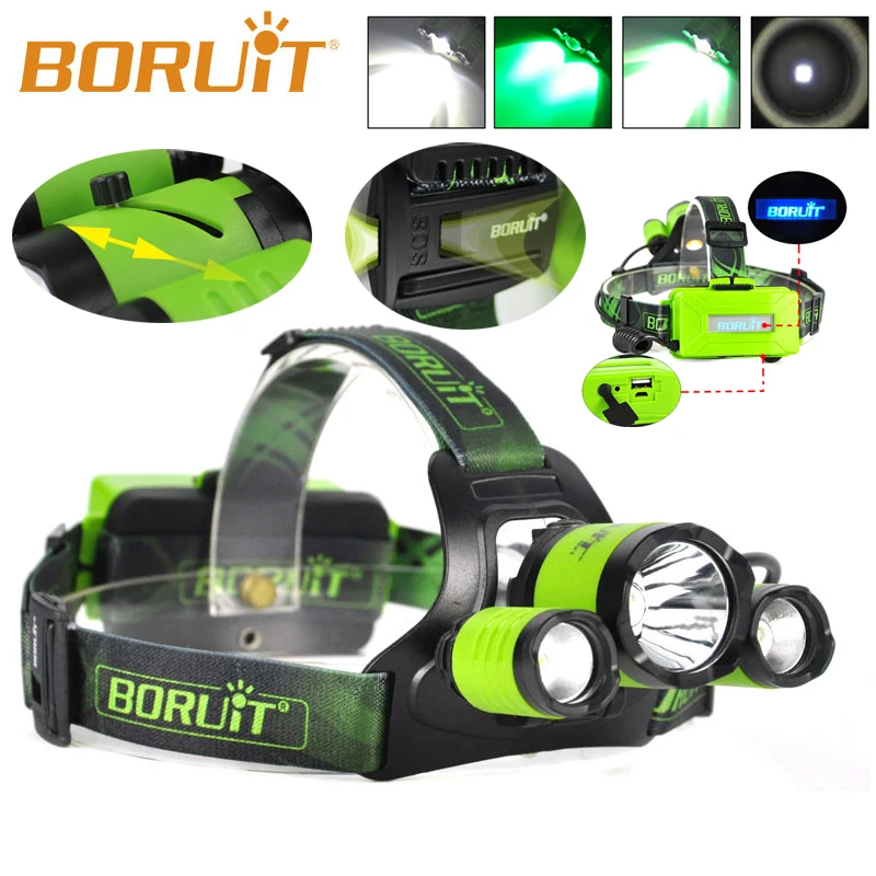 

BORUIT RJ5000 Plus B22 Rechargeable Zoom XM-L2+2X XPE SOS Whistling Green LED Hunting Headlamp Micro USB Headlight Torch Hiking